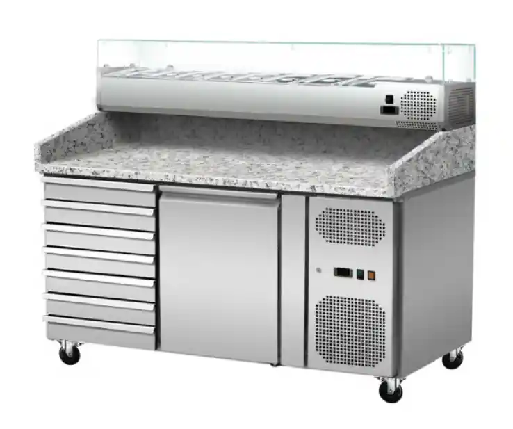 Pizza Kühltisch, Granit rosa-grau, 1 Tür, 7 ungek. Schubladen, 151 x 80 Kühlaufsatz GN1/3 mit Glas Nur Heute