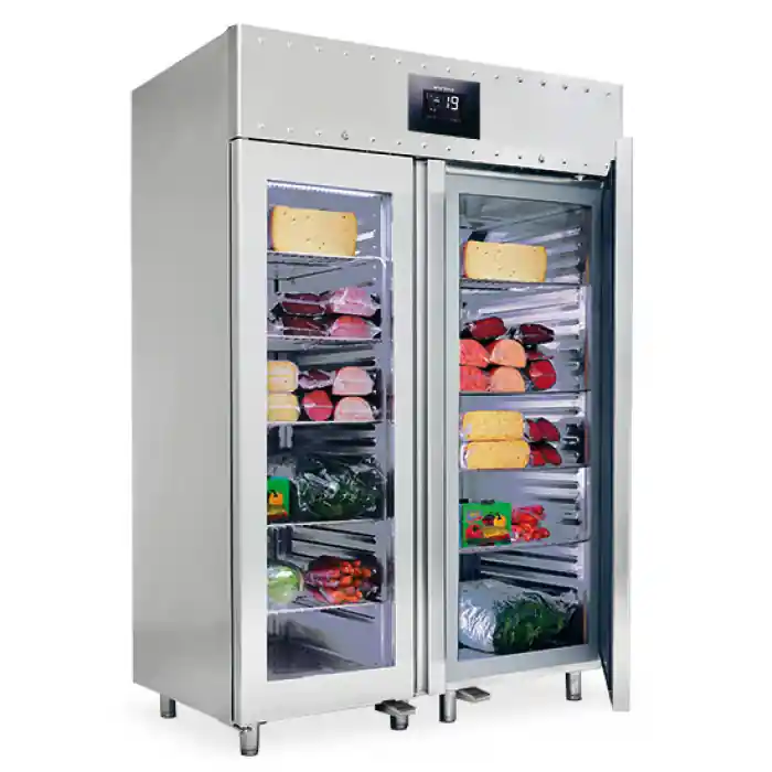 Aktuell Tiefkühlschrank 1400 Liter aus Edelstahl GN 2/1 mit Glastüren, -10°/-22°C, 85 mm Isolierung - WiFi