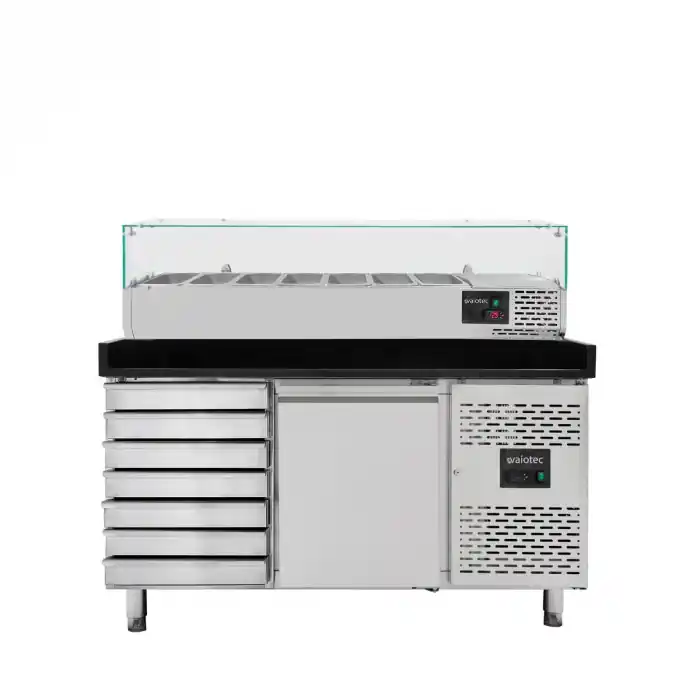 EASYLINE Pizzakühltisch 800 / 1-türig & 7 Schubladen "schwarz" inkl. Kühlaufsatz GN1/4 Expressversand