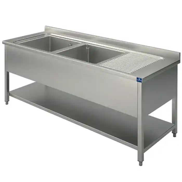 Finale Aktion Spültisch 2 Becken Tropftasse rechts auf Beinen mit Zwischenboden 1800x600 mm