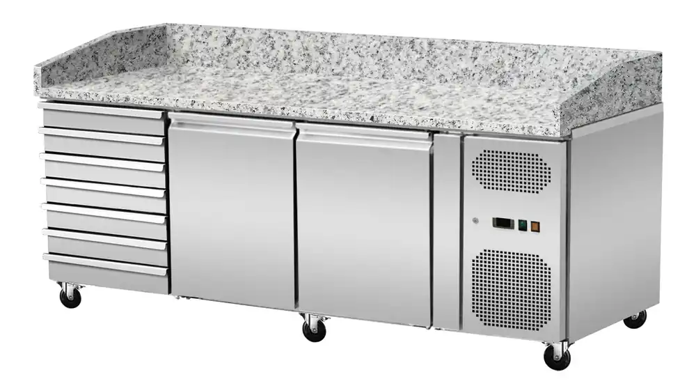 Bestpreis Pizza Kühltisch, Granit rosa-grau, 2 Türen 7 ungek. Schubladen, 203 x 80