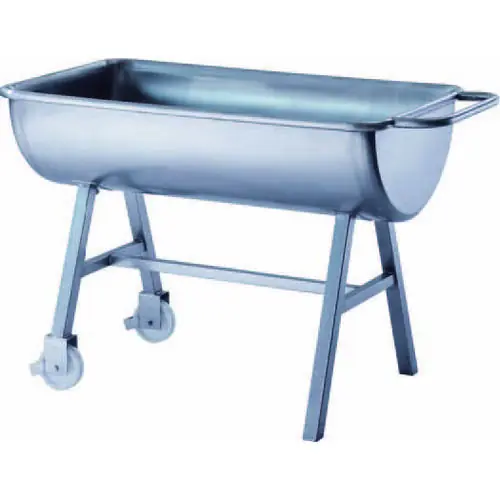 CNS-Mengenmulde, L 1490 x B 660 x H 830 mm, Inhalt 200 L, mit 2 Kunstoffrollen Ø 125 mm und 2 Standfüßen Expressversand
