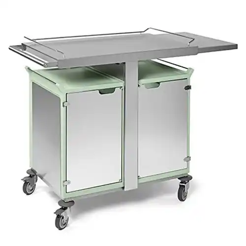 Frühstückswagen 2 x 6 GN1/1 • Türen edelstahlfarben • Edelstahl-Verkleidung • Schiebebord Markenprodukt