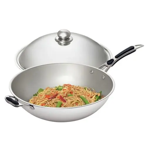 Beliebt 105981 Wokpfanne, passend zum Induktionswok "IW 35, Edelstahl, Kaltgriffe - Stiel und Gegengriff, Inhalt 6 ltr., inkl. Edelstahldeckel, Ø 360 mm, H 110 mm, H inkl. Deckel 215 mm, 2,85 kg