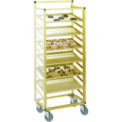 Mobile Verkaufstheke, champagnerfarbig eloxiert, mit 3-seitiger, abnehmbarer Acrylglas-Verkleidung, passend für Bleche 600 x 400 mm, 9 Etagen, L 450 x B 680 x H 1400 mm Neu