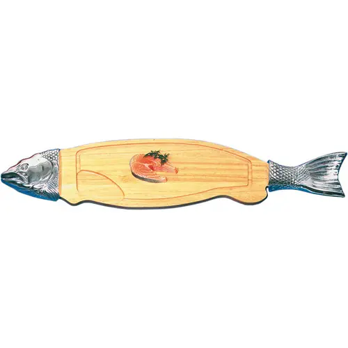 Nur Für Kurze Zeit Lachs-/Fischbrett, Holz, massiv, Dekor-Applikation aus Aluguß, poliert, 76 x 22 x 2 cm
