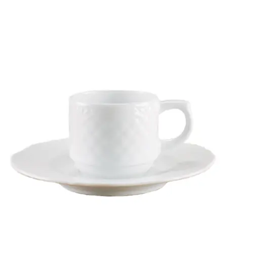 Kaffee-Obere mit Kaffee-Untere, stapelbar, "Aphrodite Uni Weiss", Inhalt 10 cl, Maße-Obere Ø o. Hkl 59 mm, Ø m. Hkl 82 mm, Höhe 52 mm, Gewicht 94 g, Maße-Untere Ø 135 mm, Höhe 17 mm, Gewicht 132 g Markenware