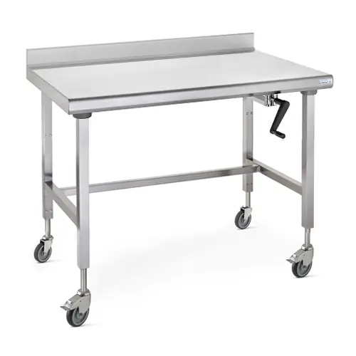 Arbeitstisch ERGONOMIX höhenverstellbar fahrbar ohne Grundboden Aufkantung 100 mm hinten L 1000 mm B 700 mm H 800 - 1100 mm Preiswert